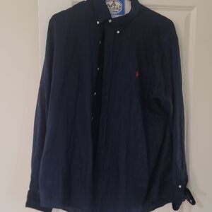 Navy Blue Button-Up Shirt with Red Logo